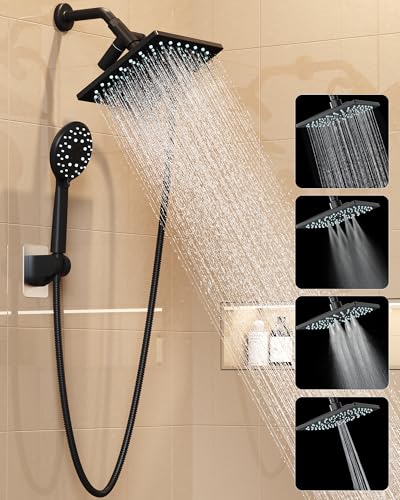Veken Multi-Function Rain Shower Head with Handheld, High Pressure, Square | Rainfall Showerhead, Dual shower heads Combo, 5-mode Detachable Hand Held Spray with Hose, regaderas para shower, Matte Black - color: Matte Black
