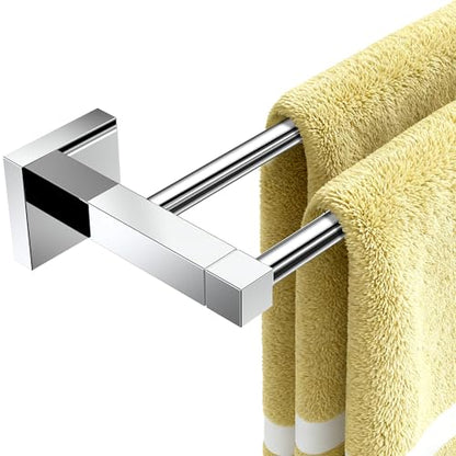 RUACQ Double Towel Bar 24" Towel Racks for Bathroom Wall Mounted Chrome | One-Piece Bath Towel Holder, Total Length 26 Inch Single Towel Rod, 304 Stainless Steel Rustproof, Square Base, Heavy Duty - color: Chrome, size: 24 inch(Center to Center) Double Ba