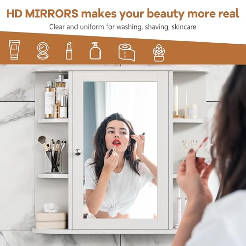 Bathroom Medicine Cabinet, Bathroom Mirror Cabinet Wall Mounted with 6 Side Open Shelves, White Wall Cabinet with Mirror, White - color: White
