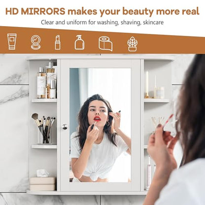 Bathroom Medicine Cabinet, Bathroom Mirror Cabinet Wall Mounted with 6 Side Open Shelves, White Wall Cabinet with Mirror, White - color: White