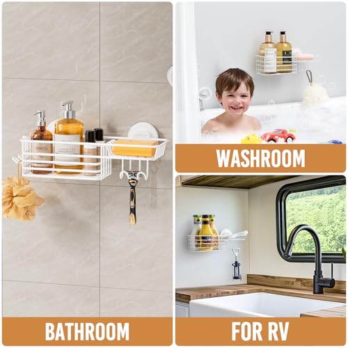 Shower Caddy Suction Cup, Heavy Duty Bathroom Organizer | Shower Organizer for Inside Shower with Hooks & Soap holder, NO-Drilling Bathroom shelves-White - color: 1 × White