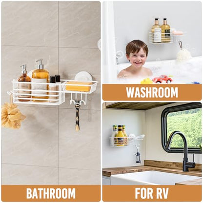 Shower Caddy Suction Cup, Heavy Duty Bathroom Organizer | Shower Organizer for Inside Shower with Hooks & Soap holder, NO-Drilling Bathroom shelves-White - color: 1 × White