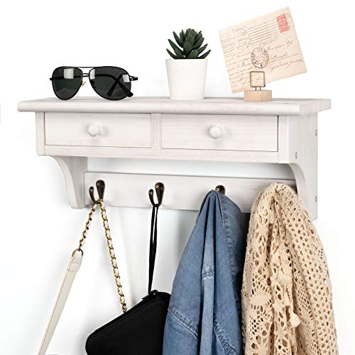 Emfogo Coat Hooks Wall Mounted, Rustic Wood Coat Rack Wall Mount Shelf with Hooks, Farmhouse Wall Coat Rack with Shelf & Coat Hook for Entryway, Mudroom, Bedroom, Kitchen, Bathroom (White) - color: White