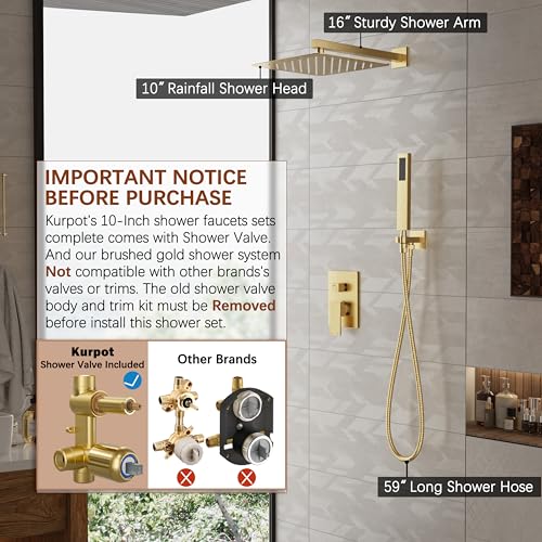 Kurpot Gold Shower System, 10'' Square Rainfall Shower Head with Handheld Combo Spray, Bathroom Brushed Gold Shower Faucet Set with Valve, 59'' Shower Hose, Shower Trim Kit and Diverter, Wall Mounted - color: Brushed Gold