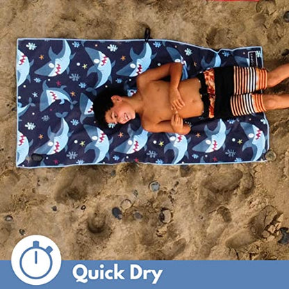 Microfiber Kids Toddler Beach Towel, Quick Dry, Sand Free, 60x30 | Pool towel, ultra-soft, girls and boys, travel pouch, camping travel vacation, toallas playas - color: Sharks