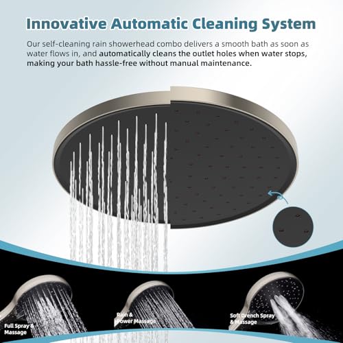 Hibbent 10'' Rain Shower Head Combo with 3 Handheld Sprays, Brushed Nickel | cUPC Certified Self-cleaning High Pressure Shower Head, All Metal Extension Arm, Easy Reach 4-way Diverter, 71" Hose & Holder - color: Brushed Nickel