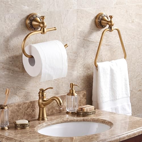 2 Pcs Antique Brass Toilet Paper Holder Towel Ring Set, Vintage Bathroom Hardware, Wall Mounted Toilet Tissue Holder Hand Towel Ring, Rustproof Brass Bathroom Accessories(Style 3) - style: Style 3