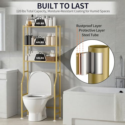 3-Tier Over The Toilet Storage, Freestanding Metal Bathroom Shelves, Space Saver Above The Over Toilet Storage Shelf for Bathroom (Gold) - color: Gold