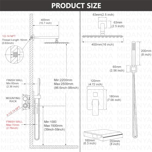Midanya Shower System with Tub Spout,Bathtub Shower Faucet Set with Square Rainfall Head and Handheld Sprayer Wall Mount Tub Faucet Set with Valve and Trim Kit,16 Inch Brushed Nickel - color: Brushed Nickel, size: 16 Inch