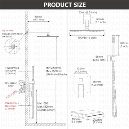 Midanya Shower System with Tub Spout,Bathtub Shower Faucet Set with Square Rainfall Head and Handheld Sprayer Wall Mount Tub Faucet Set with Valve and Trim Kit,16 Inch Brushed Nickel - color: Brushed Nickel, size: 16 Inch
