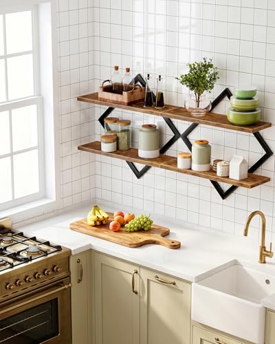 CHOEZON Floating Shelves, Set of 2 Wall Shelves, 2-Tier Hanging Shelves, Wall Shelf Set of 2, Wall Mounted Shelves, for Living Room, Bedroom, Kitchen, Office, Study, Rustic Brown TBJ01P2BF - color: Rustic Brown + Black