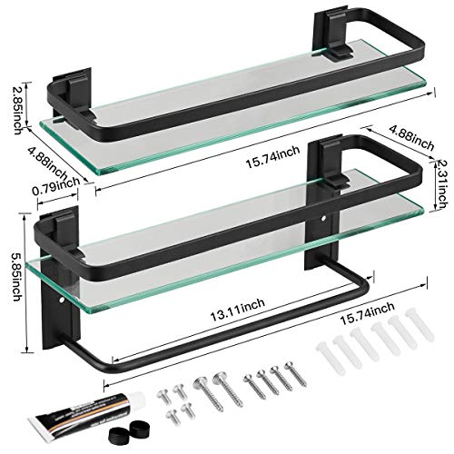 Glass Bathroom Shelf with Towel Bar 15.7in Bathroom Wall Shelves Rustproof Metal Bathroom Wall Organizer 2-Tier (Black) - style: 2 tier with towel bar black