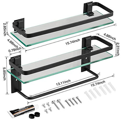 Glass Bathroom Shelf with Towel Bar 15.7in Bathroom Wall Shelves Rustproof Metal Bathroom Wall Organizer 2-Tier (Black) - style: 2 tier with towel bar black