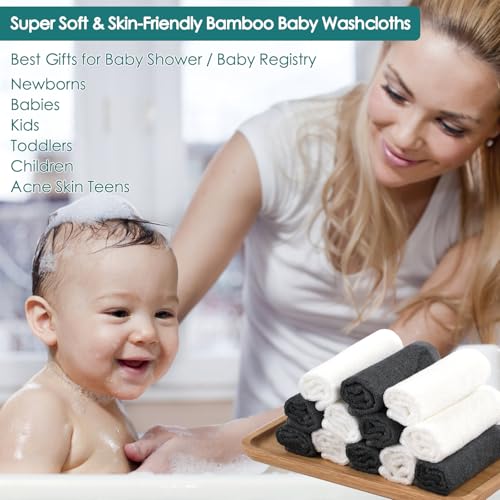 JEFFSUN Baby Washcloths 12 Pack,Super Soft Face Towels,10''x10'',White+Grey | 100% Viscose,Gently Wash Face and Body,Skin Friendly,Easy Rinsed,Hanging Loop,Multi-Use,Newborn Kid Toddler Bath Shower Gifts - color: White & Grey, size: 10x10 inch-12 Pack