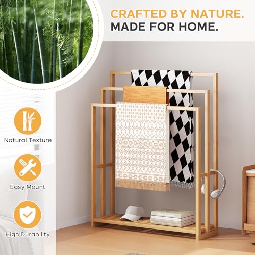 Bamboo Towel Rack Stand, 3 Tier Freestanding Bathroom Towel Drying Rack | 31.5"W × 9.4"D × 39.4"H • Natural • Waterproof • Blanket rack • Blanket holder • Ventilated • Bottom shelf • Anti-tip - color: Natural