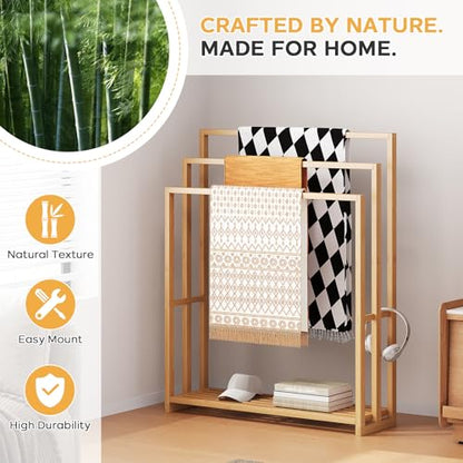 Bamboo Towel Rack Stand, 3 Tier Freestanding Bathroom Towel Drying Rack | 31.5"W × 9.4"D × 39.4"H • Natural • Waterproof • Blanket rack • Blanket holder • Ventilated • Bottom shelf • Anti-tip - color: Natural