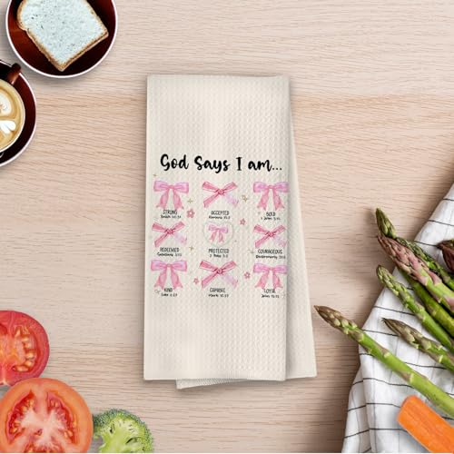 Coquette Christian Kitchen Towels - Pink Coquette Decorative Waffle Weave Dish Towels, God Says I Am Hand Towels, Christian Gifts Tea Towel, Bible Gifts, 16×24 Inches - color: Christian- 04