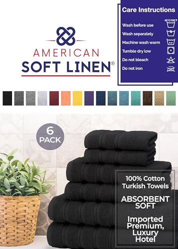 American Soft Linen 100% Carde Cotton 6 Piece Towel Set, 590 GSM Heavy Weight Soft Absorbent Turkish Towels for Bathroom, Coal Black - color: Jet Black