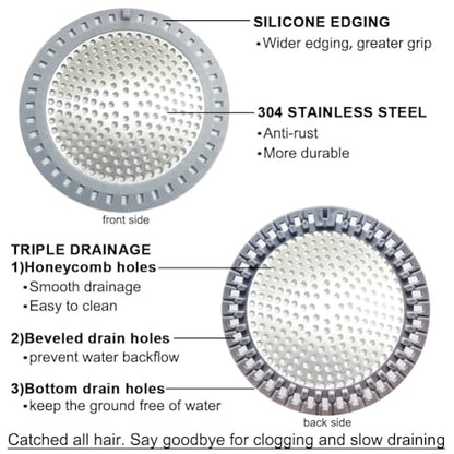 Seatery 2PCS Shower Drain Hair Catcher, Shower Drain Strainer, Stainless Steel with Silicone Edging, 4.75 Inch Diameter - color: Silver