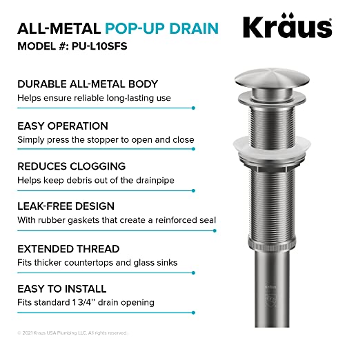 KRAUS Bathroom Sink Pop-Up Drain with Extended Thread for Thicker Countertops and Glass Sinks in Spot-Free Stainless Steel, PU-L10SFS - color: Spot Free Stainless Steel, size: 10 3/4 Inch