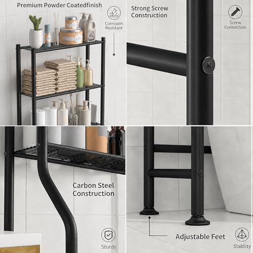 GloTika 3-Tier Over Toilet Storage, Anti-Tilt, 64" H, Black | Anti-Tilt Safety System, 150lb Capacity, Carbon Steel, Freestanding, No Drilling, Anti-Rust Coating, Paper Holder & 4 Hooks - color: Black, size: 3-Tier
