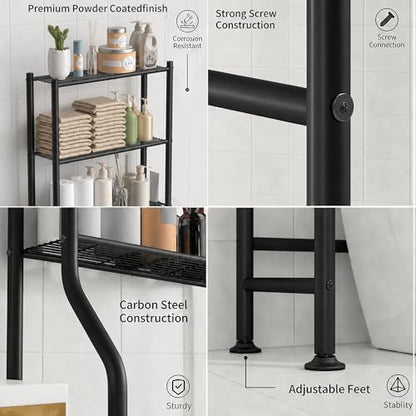 GloTika 3-Tier Over Toilet Storage, Anti-Tilt, 64" H, Black | Anti-Tilt Safety System, 150lb Capacity, Carbon Steel, Freestanding, No Drilling, Anti-Rust Coating, Paper Holder & 4 Hooks - color: Black, size: 3-Tier