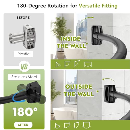 Curved Shower Curtain Rod， Adjustable 33-78 Inches Matte Black All Stainless Steel Curved Shower Rod，Shower Curtain Rod for Extra Shower Space for Bathroom, Bathtub, Stall, No Rust, Need to Drill - color: Black