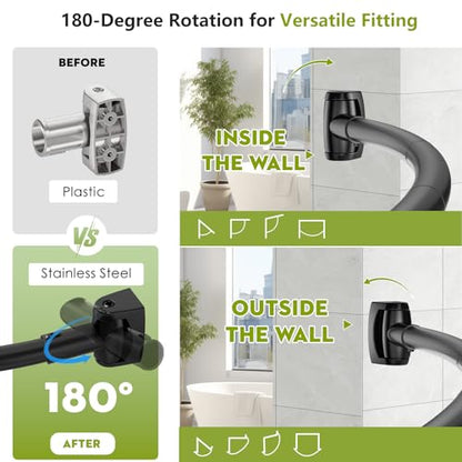 Curved Shower Curtain Rod， Adjustable 33-78 Inches Matte Black All Stainless Steel Curved Shower Rod，Shower Curtain Rod for Extra Shower Space for Bathroom, Bathtub, Stall, No Rust, Need to Drill - color: Black