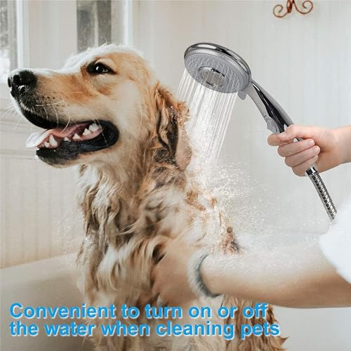 Handheld Shower Head with On/Off Switch - High Pressure 5 setting mode, Stainless Steel 6.5 ft extra long hose and Bathroom Kit Included, Universal Adapter Holder Mount for Wall,Chrome Finish