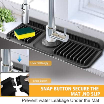 14.6-Inch Kitchen Sink Splash Guard Mat | 7° Slope for Fast Self-Draining | Snap-Lock Design | Universal & Cuttable Silicone Faucet Mat BLACK - color: Black, size: 14.6" x 5.5"