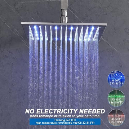 Enga Thermostatic Rain Shower System with Body Jets Push Button Diverter 12 Inch LED Rain Shower Ceiling Mounted Chrome Shower Faucet Set Can Use All Options at A Time - color: Chrome, style: Ceiling Mount-6 Jets
