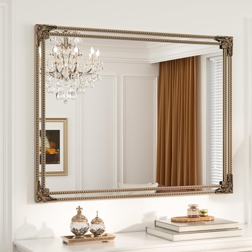 Keonjinn 40x30 Inch Gold Antique Vintage Mirror, Brass Baroque Mirror | Tempered Glass, Rectangle, Traditional Mantel Decoration, Wall Decor, Hallway, Fireplace, Entryway, Living Room, Anti-Rust - color: Antique Brass, size: 30"L x 40"W