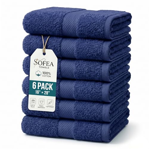 Sofea Hand Towels 6 Pack (16 x 28 Inches) 100% Cotton Bathroom Towels, Soft Absorbent Quick Dry Hand Towels for Bathroom Kitchen - color: Navy Blue