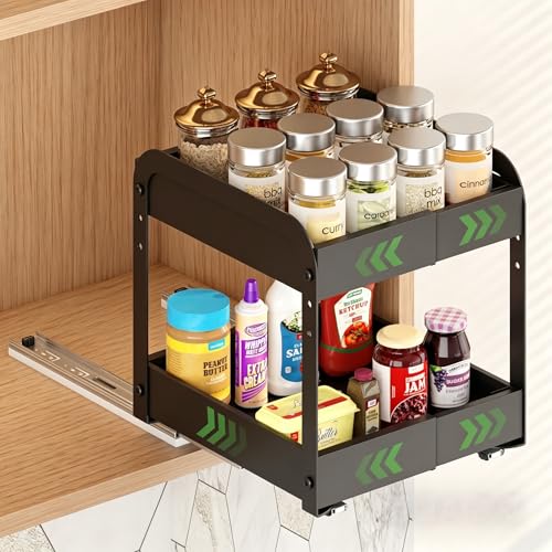 Across-Star Expandable Pull Out Spice Rack For Cabinet, 2-Tier No Drill Slide Out Drawers For Kitchen Cabinet with Adjustable Height, Metal Pullout Spice Holder Seasoning Shelf Inside Cabinet - size: 5.5''-7.9''W*10.24''D*10.82''H