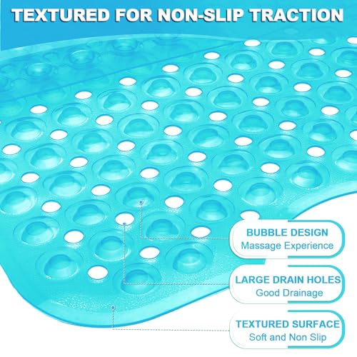 Bathtub and Shower Mats, 40x16 Inch Extra Large Non Slip Soft Bath Tub Mat with Suction Cups and Drain Holes for Bathroom Floor and Keep Tubs Clean, Machine Washable, Clear Turquoise - color: Clear Turquoise