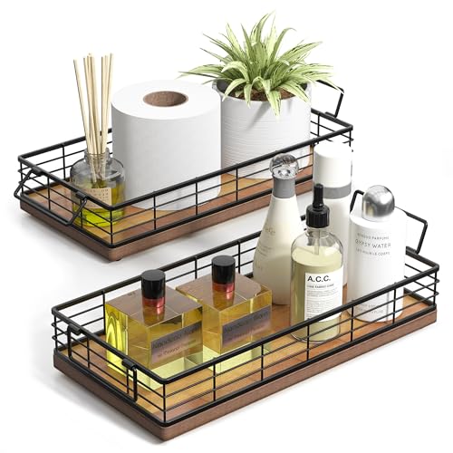Toilet Paper Basket 2 Pack, 13 Inch Toilet Tank Basket with Handles, Acacia | 2PCS Bathroom Basket, Back of Toilet Basket, Toilet Tank Tray Toilet Organizer for Toilet Paper Storage Toiletries Essentials - color: Acacia & Black