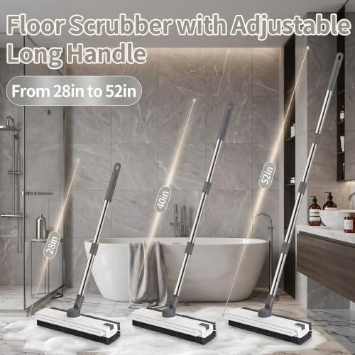 3-in-1 Floor Scrub Brush with Long Handle, Floor Scrubber with Squeegee Tweezers, Adjustable Heavy-Duty Stiff Bristle Cleaning Brush for Tile, Bathroom, Shower, Garage, Patio, Deck(White Grey) - color: White Grey