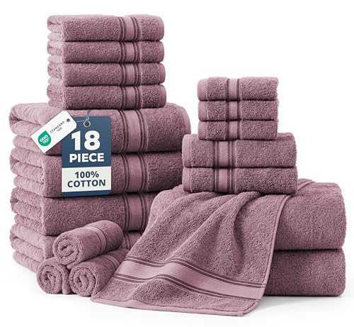 LANE LINEN Towel Set 18 Piece Soft Absorbent Quick Dry - Wishful Mauve | Cotton Bath Towel Set - Terry Weave Comfort, Long-Lasting Comfort, Hotel-Style Look, Gets Softer With Every Wash - color: 11: Wistful Mauve, size: 18 Piece Towel Set