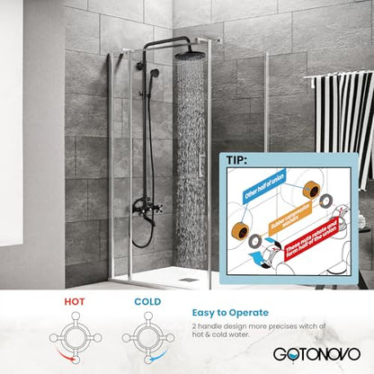 gotonovo Exposed Shower Faucet with Spout Matte Black,Straight Pipe | Brass Bathroom Exposed Shower System,8’’ Rain Head,Swivel Tub Spout 2 Cross Handle,Adjustable Handheld Sprayer,Wall Mount - color: Black