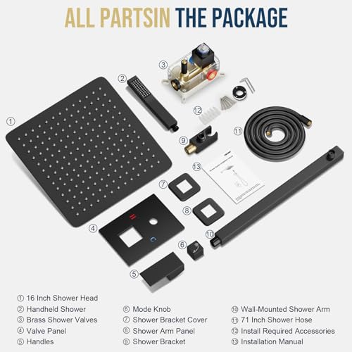 FPXRNG Shower Faucet Set Rainfall Shower System with Square Shower Head and Handle Set Rough-in Valve and Metal Trim Kit Included Matte Black 16 Inch Wall Mounted Shower Fixtures - color: Matte Black, size: 16 Inch Wall Mount Shower Head