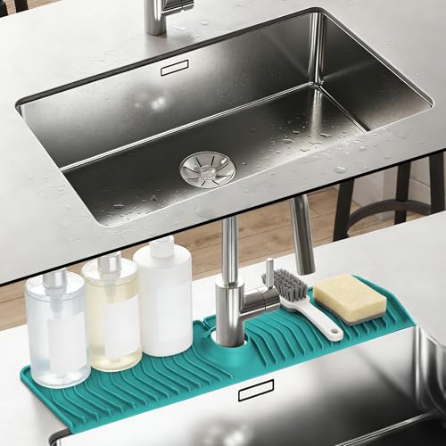 Extra Long Silicone Faucet Mat, 76cm Double-Sided Drain Pad for Kitchen Sink & Bathroom, Flexible Splash Guard with Center Hole, Non-Slip, Easy to Clean, Fits Most Faucets (Teal) - color: Teal
