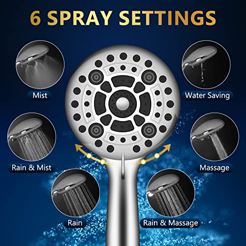 6 Spray Modes High Pressure Handheld Showerhead Set Upgraded | 5 Inches Shower Head with Handheld Spray Premium Chrome Handheld Shower Head 60 Inches Stainless Steel Hose-1-Min Install - color: ‎Premium Chrome