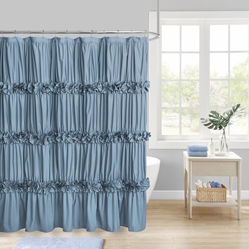 Homechoice Decor Dusty Blue Ruffle Shower Curtain, Vintage Handcrafted Bow Tie Bath Curtain for Master Bathroom, Ruched Microfiber Bathroom Curtain with 12 Buttonholes, 72" W x 72" H (LQ-10) - color: Dusty Blue, size: 72"W x 72"L (Each Curtain)