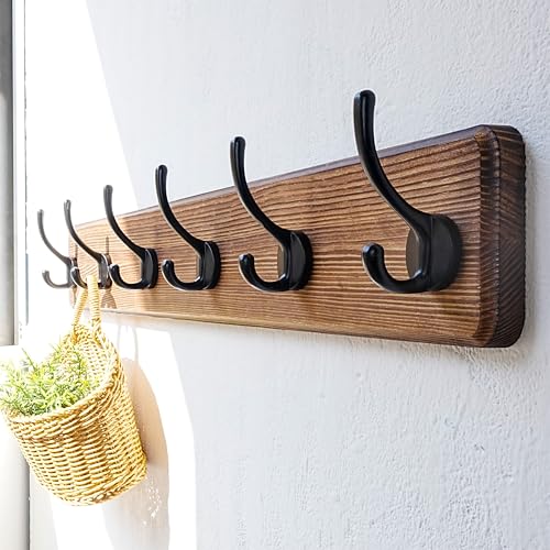 Wall Mounted Coat Rack: 24" Long, Patented, Heavy-Duty, 6-Double-Hooks Wooden Hanger Rail for Winter Coats, Hat, Jacket, Clothing - Natural & Black, Pack of 2 - color: Natural & Black, size: L=24"(2pcs)