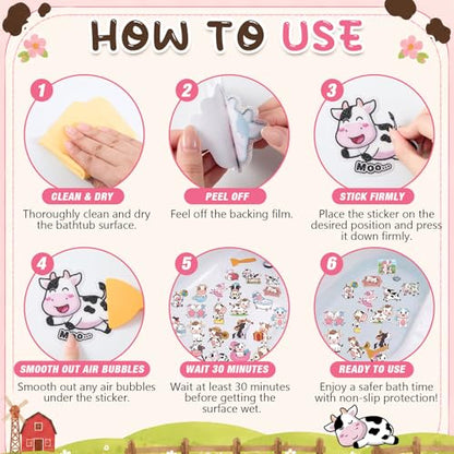 Fullhawl 30 Pcs Farm Animal Non Slip Bathtub Stickers, Cute Cow Bath Safety Decals, Anti Slip Shower Traction Stickers, Waterproof PEVA Bathtub Appliques with Scraper for Tub Shower Floor Bathroom - style: Cartoon Cow