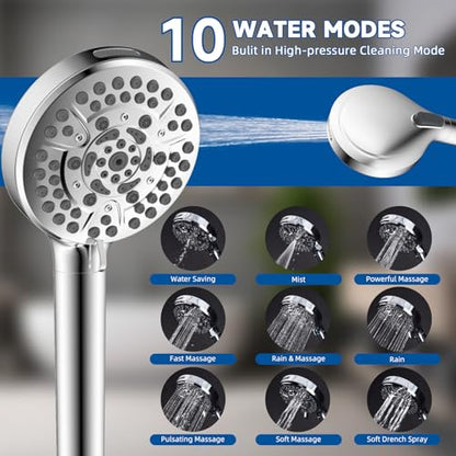 All Metal Dual Shower Head Easy Reach, High Pressure 10-Spray Handheld & Rainfall Shower Head Combo with Shower Extension Arm, 71" Hose, 3-way Diverter, Brass Shower Bracket, Chrome - color: Chrome, style: 5" Showerhead