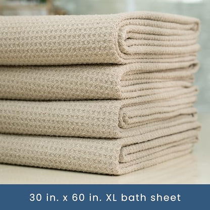 S&T INC. Bath Towels, Premium Waffle Towels for Bathroom, Extra Large, Absorbent Microfiber for Home, Yoga, and Gym, Honeycomb Weave, 30 Inches x 60 Inches, 420gsm, 4 Pack, Beige