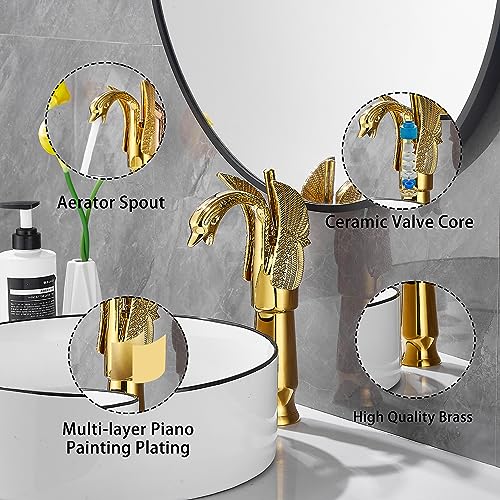 Gold Swan Shape Single Handle One Hole Bathroom Vessel Sink Faucet Deck Mount Lavatory Sink Faucet - color: Gold, size: Tall