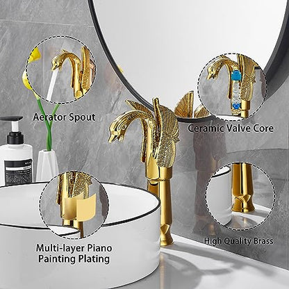 Gold Swan Shape Single Handle One Hole Bathroom Vessel Sink Faucet Deck Mount Lavatory Sink Faucet - color: Gold, size: Tall