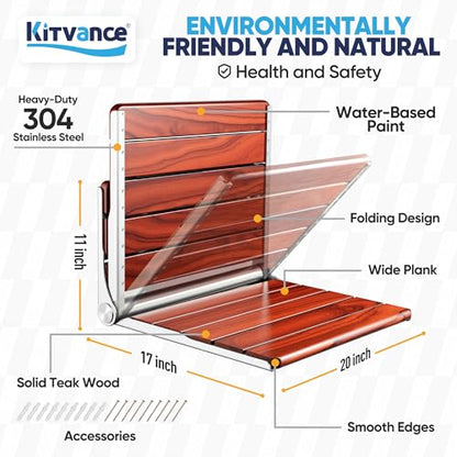 [Upgraded Version] 20" ADA Compliant Folding Teak Shower Seat Wall Mounted - Larger Teak Shower Bench, Home Care Folding Shower Seat for Inside Shower, Wall Mount Shower Chair Shower Stool, Max 400lb - size: 20*17*11 Inch（Teak）
